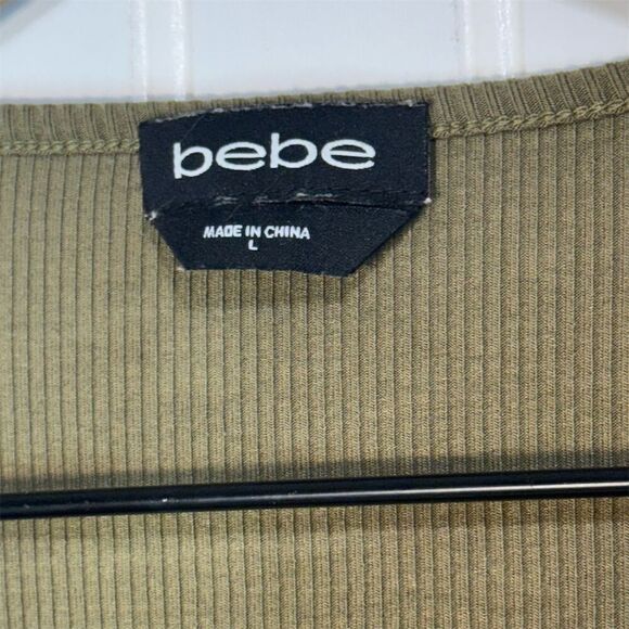 Bebe Olive Green Ribbed Rhinestone Logo Tee Shirt Top L Y2K Glam Stretch Bling - Picture 6 of 8